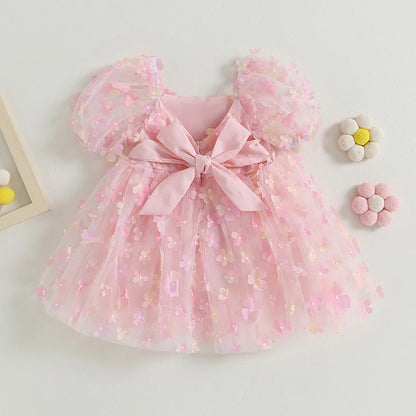 Toddler Baby Girls A-line Dress Princess Lovely Flower Decor Short Puff Sleeve Bowknot Dress Summer Children Pageant Party Dress