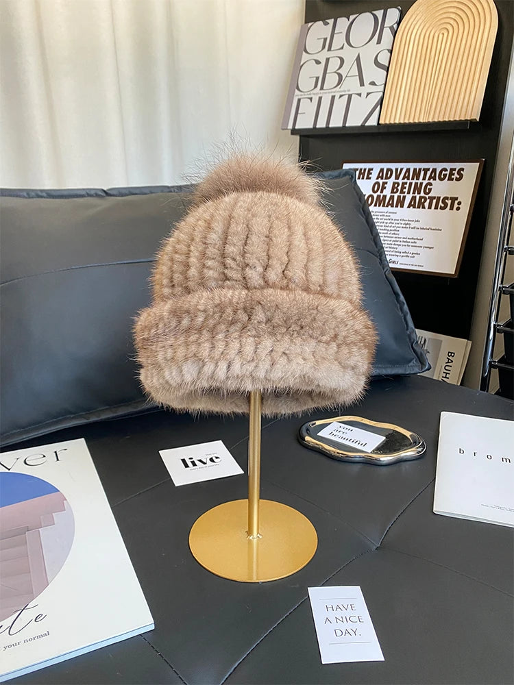 New Women Winter Natural Mink Fur Hats Knitted Real Mink Fox Fur Ball Caps Female Russian Warm Beanies Hat Fur Hat