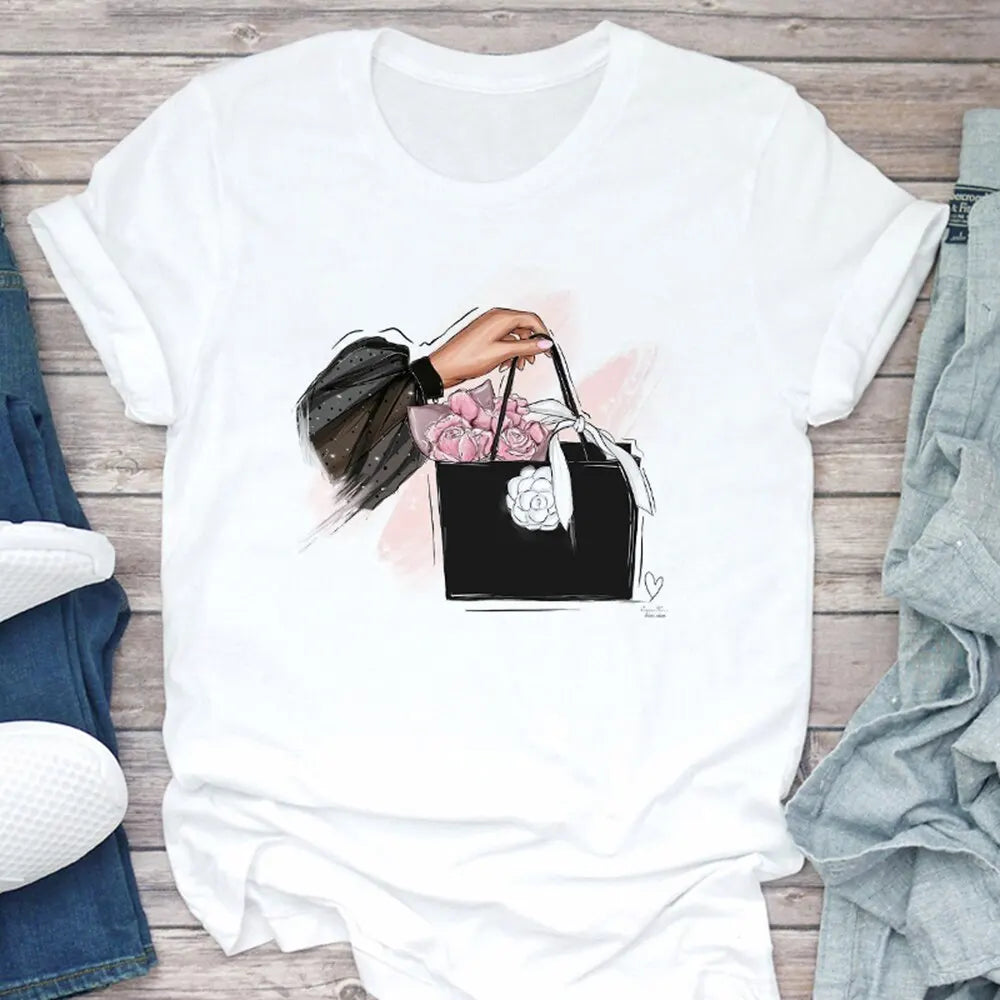 Women's T Shirt Summer Fashion Girl Bag Printed Ladies T-shirt Casual Short Sleeve Female Clothing Top Tee White T-shirt