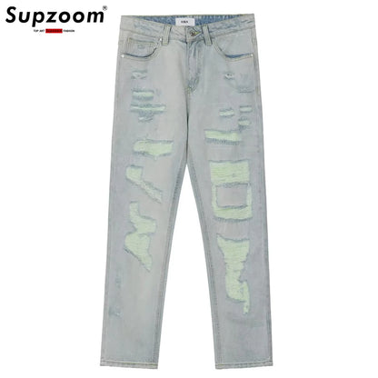 Supzoom New Arrival Top Fashion Autumn Washed Light White Personalized Hole Patch Cloth Casual Denim Solid Hollow Out Jeans