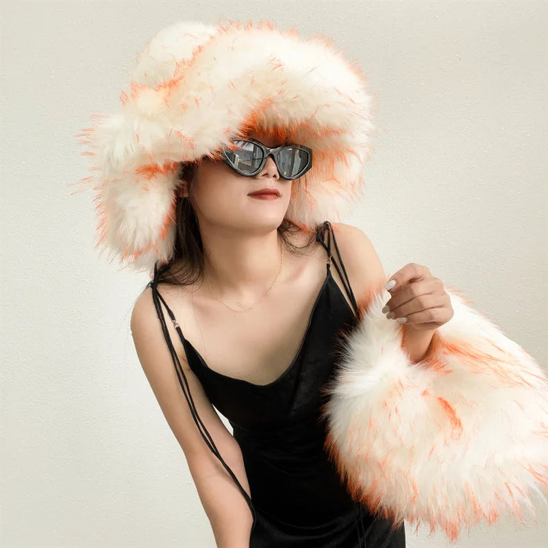 Fur bucket hat and bag set Women's warm plush autumn and winter hat Punk style imitation raccoon fur basin hat and handbag