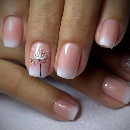 Fairy White Flower Fake Nails Pink French Style Press on Nails Short Square Wearable False Nails for Women Girls DIY Manicure