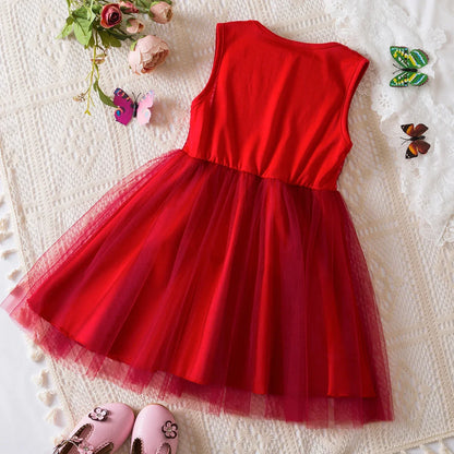 Baby Girls' Red Children's Sequin Sleeveless Mesh Princess Dress Causal Clothing for 2-6Y