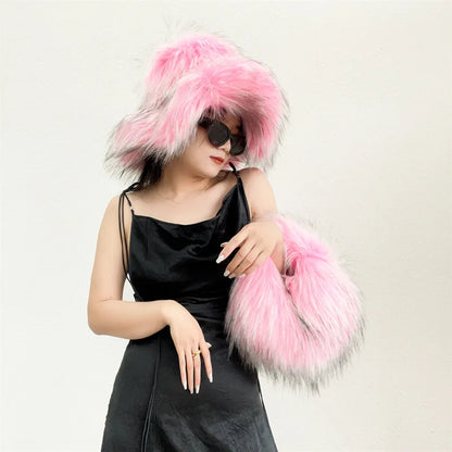 Fur bucket hat and bag set Women's warm plush autumn and winter hat Punk style imitation raccoon fur basin hat and handbag