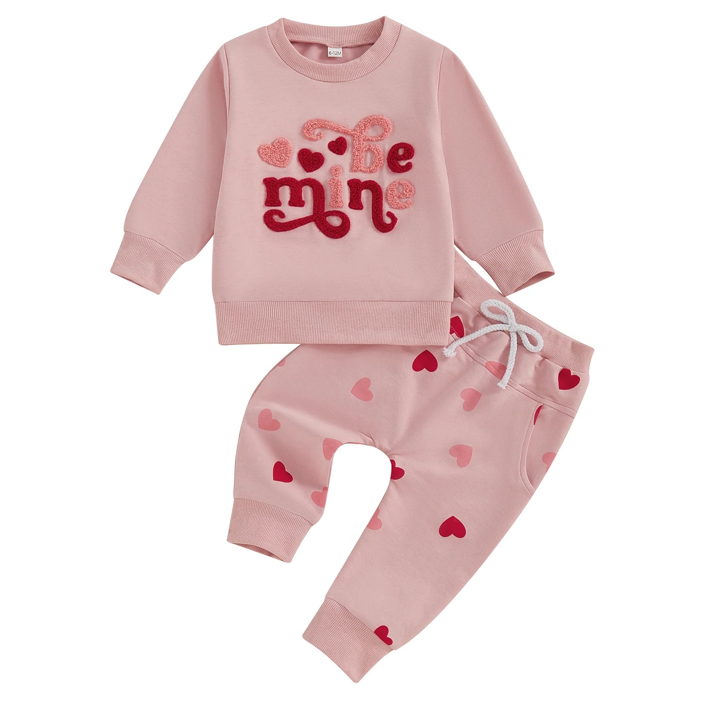 Baby Girls 2-piece Outfit, Long Sleeve Embroidery Letters Hoodie with Heart Print Sweatpants Valentines Day Clothes