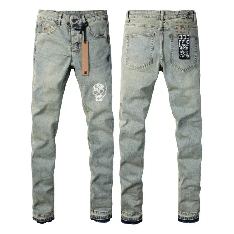 25SS New Men Streetwear Fashion KSUBI Cross Jeans Vintage Wash Do Old Patch Light Blue Stretch Slim Denim Trousers Brand Jeans