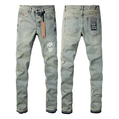25SS New Men Streetwear Fashion KSUBI Cross Jeans Vintage Wash Do Old Patch Light Blue Stretch Slim Denim Trousers Brand Jeans