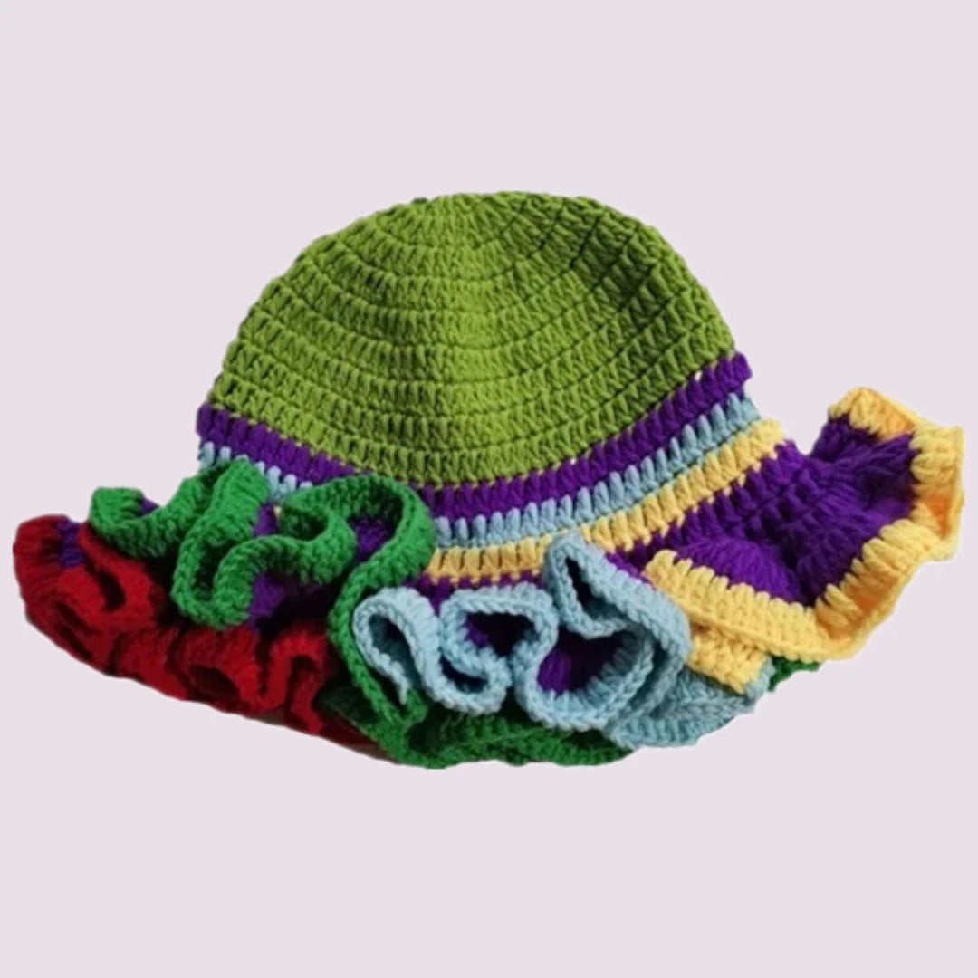 Handmade Crochet Knitted Hats Women Girl Crochet Scallop Ruffle Edge Knit Bucket Caps Adult Trendy Rainbow Striped Beach Sun Hat