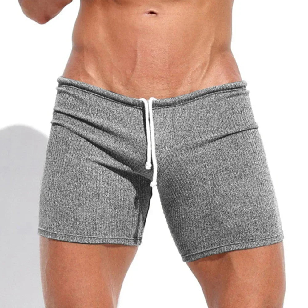 Mens Sexy Drawstring Ribbed Sleepwear Shorts Outdoor Sports Jogging Gym Sportswear Short Pants Holiday Casual Slim Male Shorts