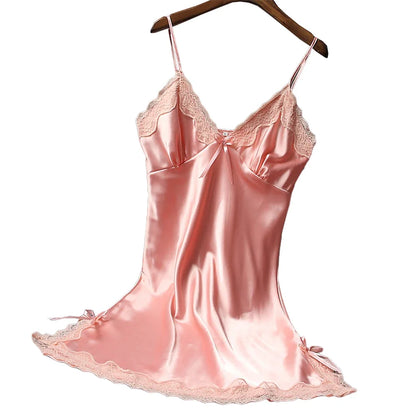 Women Satin Skin-friendly Comfortable Nightdress Sexy Lace Bowknot Pajamas Deep V Neck Thin Straps Robe Dress Soft Sleepwear