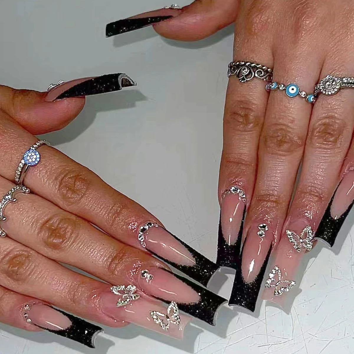 Fashionable Set Of 24 Rectangle Shaped Black French Nail Tips With Glitter & Silver Butterfly Rhinestone Decoration