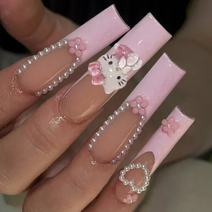 24Pcs Hello Kitty Y2K Fasle Nail Tips French Long Press On Nails 3D Cartoon Detachable Manicure Pearl Decoration For Sweet Girls