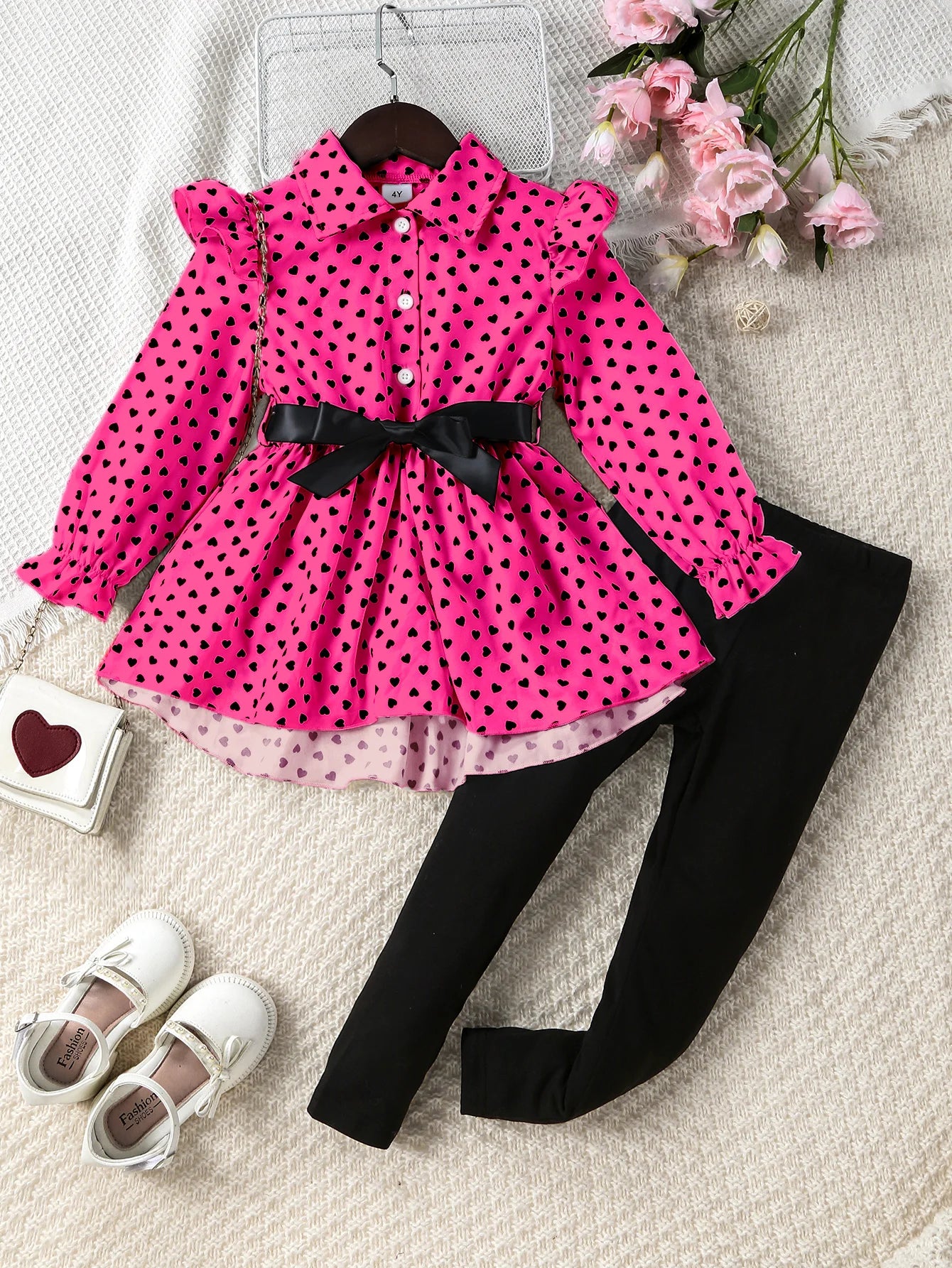 Girls Are Suitable for Spring & Fall, Elegant and Ladylike Polka-Dot Front-Breasted Umbrella-Shaped Hem, Long Shirt Top + Tights + Belt Three-Piece Set