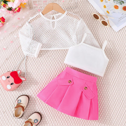 Fashion Hollow Top Vest and Pleated Skirt Summer Outfit Toddler Infant Fashion Clothing Formal Suit For Kids Girl