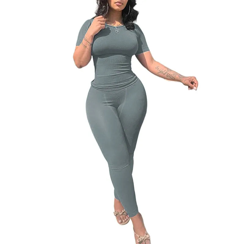 Lounge Wear Ribbed Casual 2 Piece Summer Shorts Set For Women  Sleeve Top+Elastic Leggings Outfits