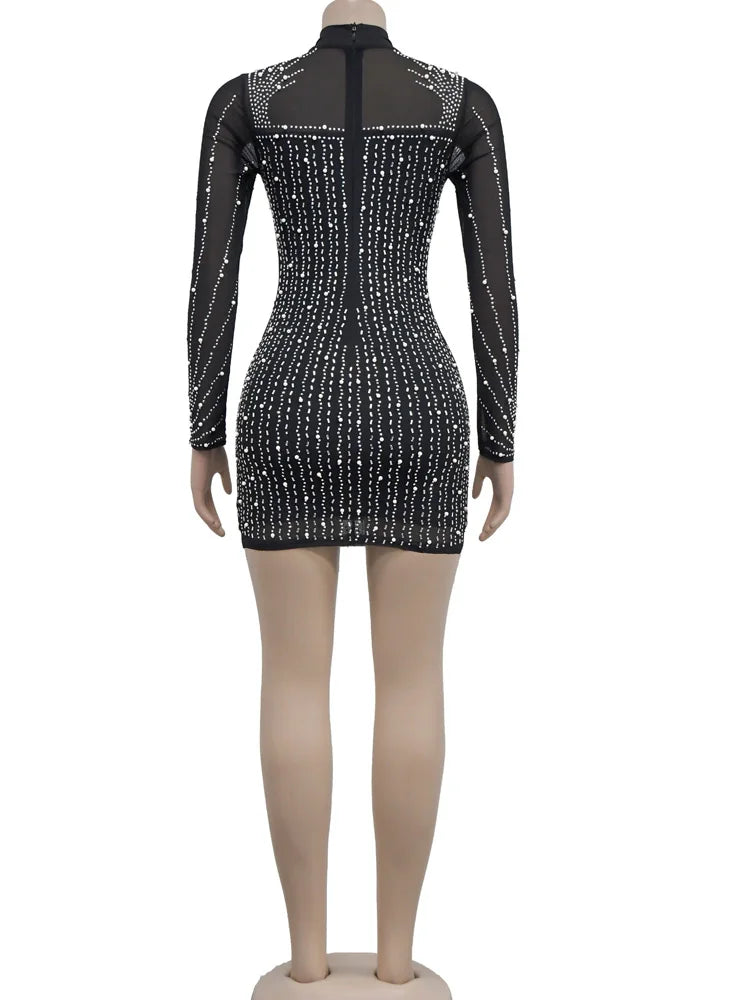 Crystal Embellished Fringed Mini Dress Glam Womens Pearls Rhinestone Slim Short