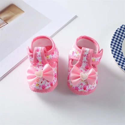 0-18months Baby Girls Flat Shoes Soft Sole Bowknot Flower Print Non-Slip