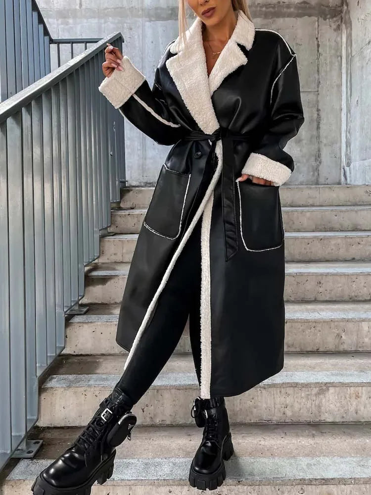 Winter PU Faux Leather Coat Long Jacket Black Thick Warm Coats