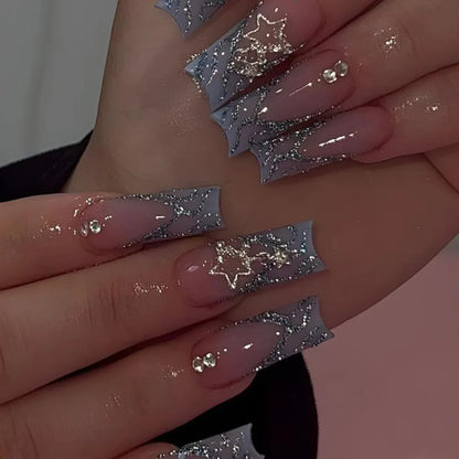 24Pcs Blue French False Nails with Star Rhinestone Design Long Ballet Fake Nails Wearable Square Head Full Cover Press on Nails