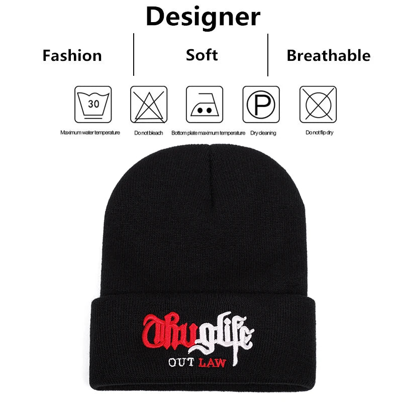 New Fashion Knitted Hat Thuglife Embroidery Couple Hat Unisex Black Beanie Hats Beanies Warm Knitted Hat Wool Cap Gorros