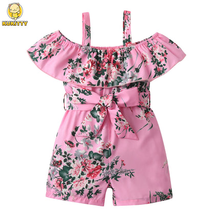 Children Clothing for Girls 1 2 3 4 5Y Kids Girls' Summer New Resort Style Floral Print Ruffled Camisole Jumpsuit with Lace-ups