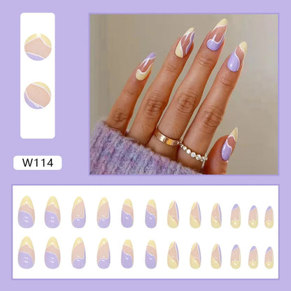 24pcs/Box Ballerina Nail Tip Purple with Design Manicure Patches Fresh Floral Almond False Nails Press on Med Nails Detachable