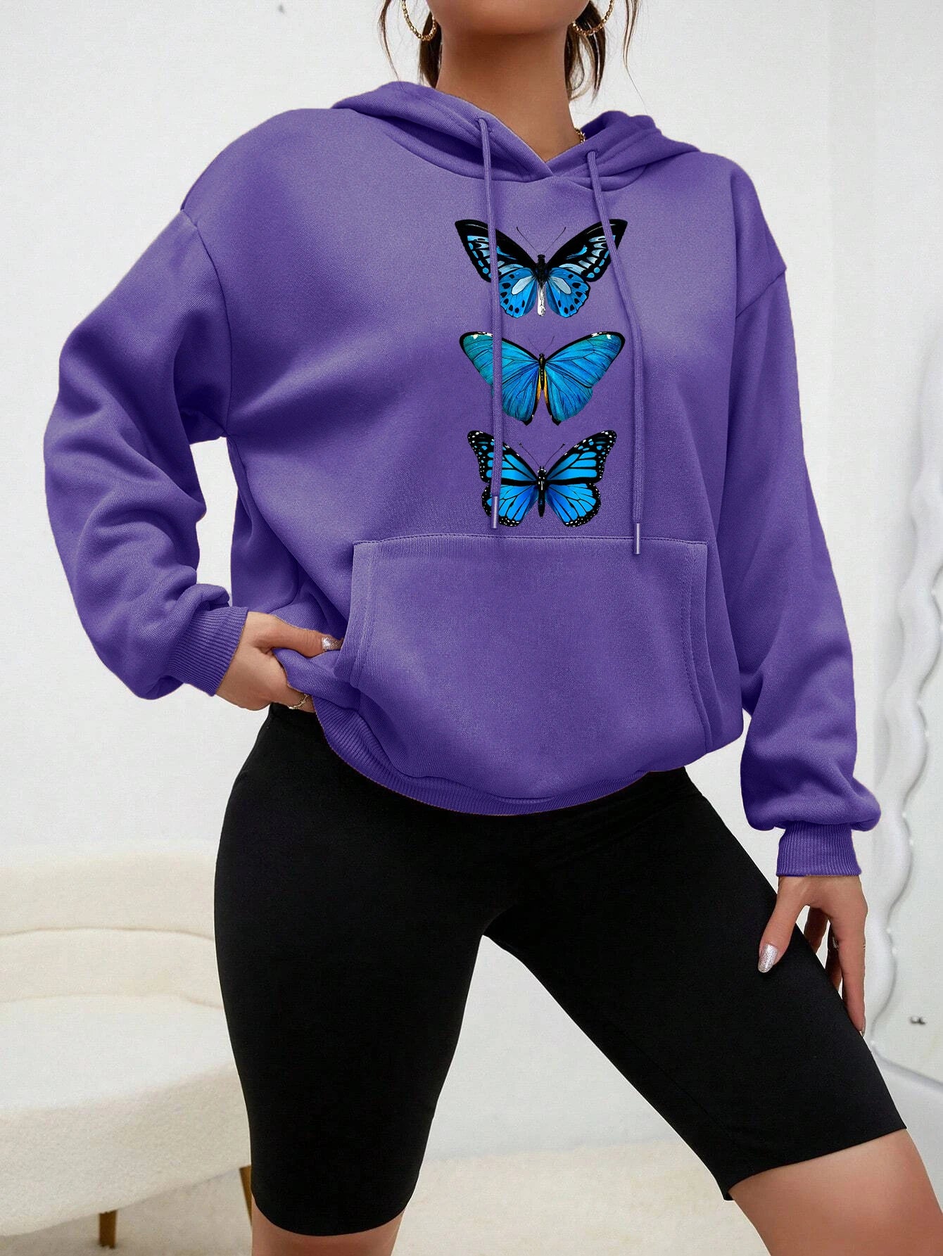 Creative Butterfly Design Print Women Hoodie New Street Casual Sweatshirt Fashion Fleece Hoody Pocket Comfortable Female Tops