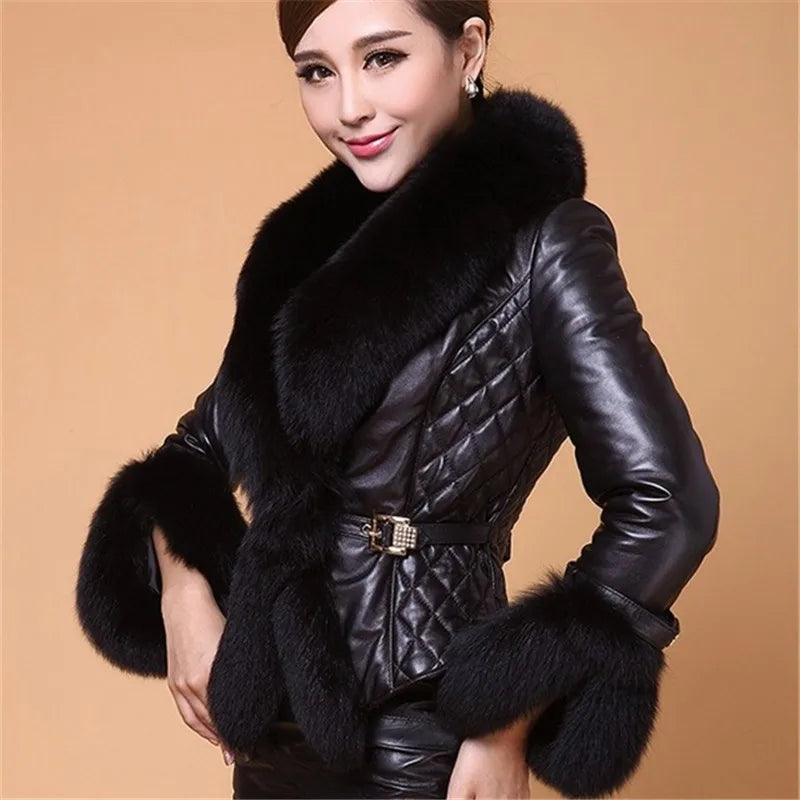 Leather Jacket Women Coat Faux Fox Fur Collar Short Coat PU Leather New Winter Female Jacket Elegant Motorcycle Zipper Outerwear