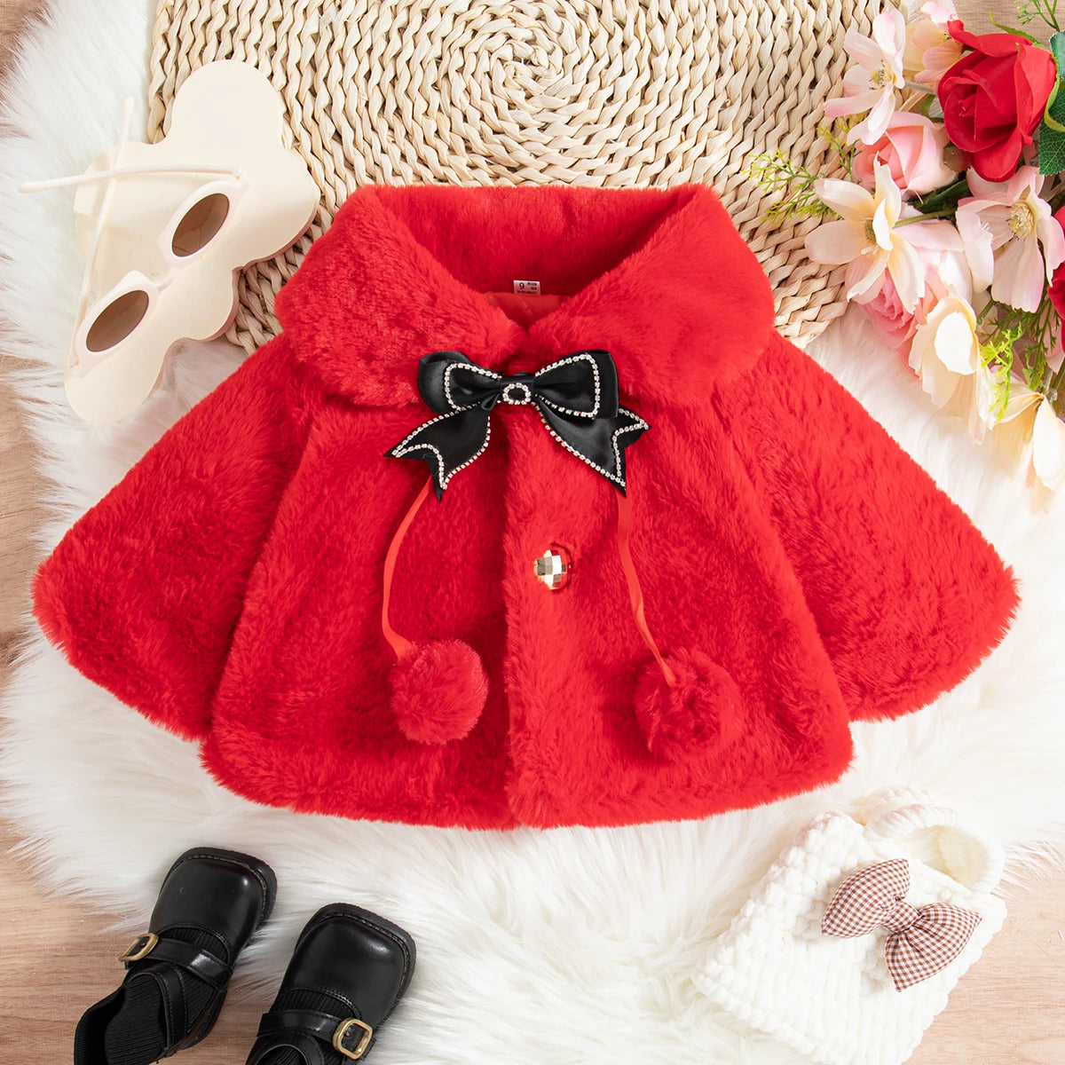 Girls' top coat cotton coat bow pearl ball coat winter new lapel long sleeve warm thick coat solid color girls' winter coat