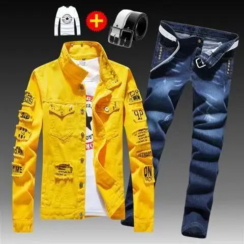 Spring Autumn Mens Denim Jacket + Jeans Pants Set Fashion Single Breasted Coat Trousers Two Piece Denim suit