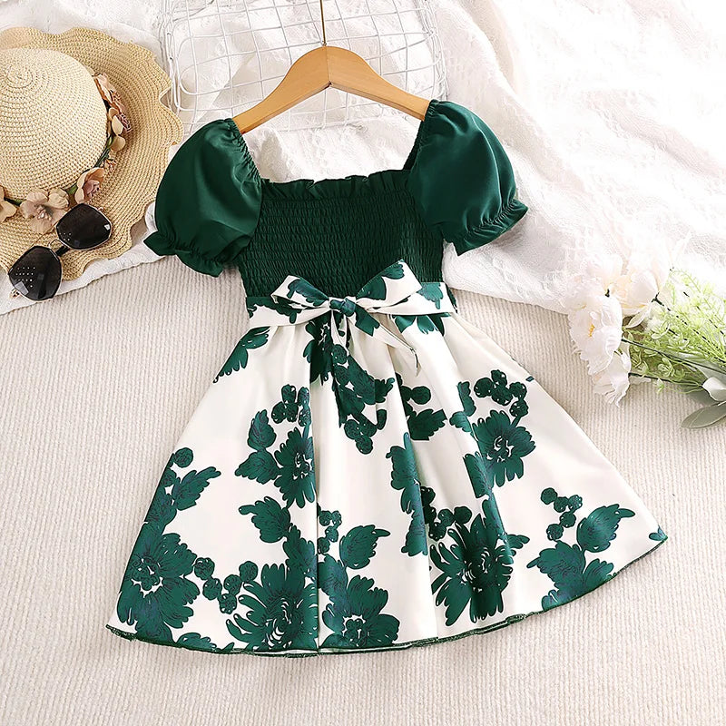 Girl dress Summer new sweet print patchwork bubble sleeve princess skirt birthday party dress girl baby children's clothing