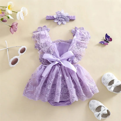 Pudcoco Infant Newborn Baby Girl Summer Outfit, Flower Embroidery Tie-Up Mesh Romper Dress Bow Headband 2 Piece Set 0-24M