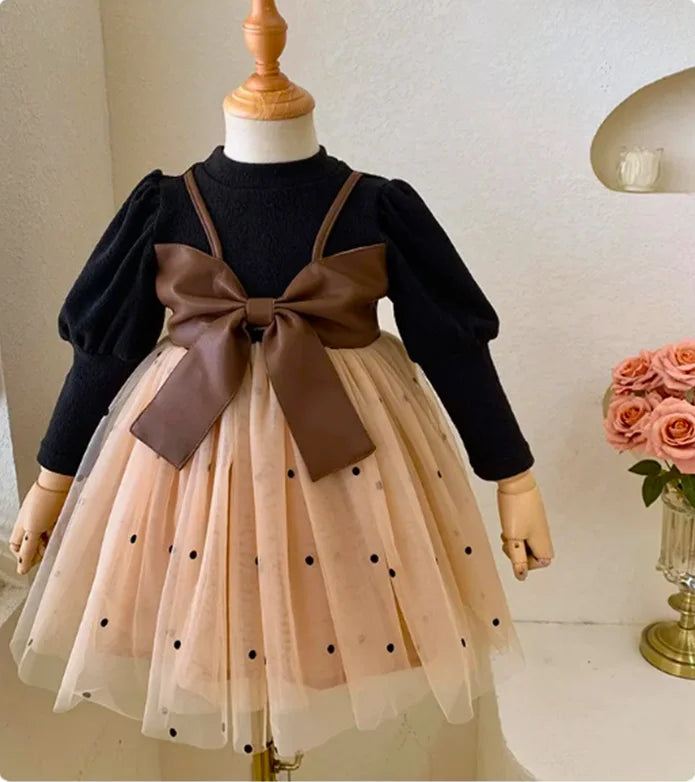 Children's Spring Autumn Long sleeves Dress  Baby Girl Big Bow Tulle Fashion Dress fit 0-3 Year Baby Girl Birthday Party Dress