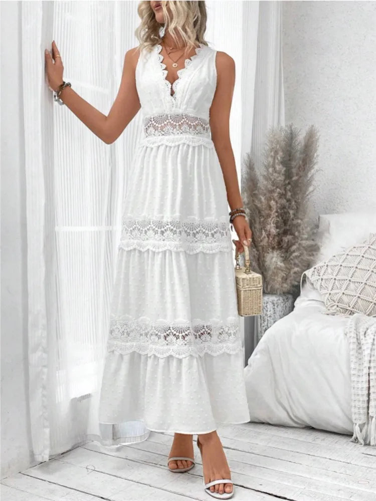 Women's White Party Dress Fashion Lace V-neck Ruffle Hook Flower Hollow Waist Maxi  Dresses