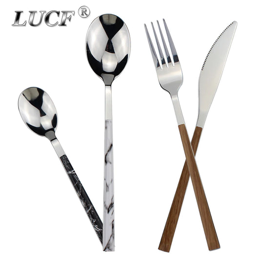 Cheap Cutlery 4 in 1 Sets Plastics Marbling Pattern Handle Stainless Steel Portable Fashion Popular Outdoor Dinnerware For Home