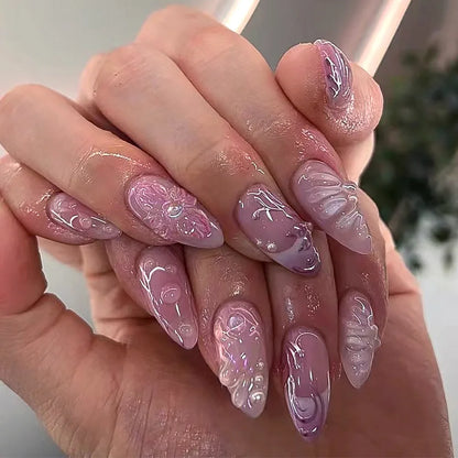 Summer Purple Halo Dyeing Hand Painted Lotus Flower Almond False Nails Detachable Finished Fake Nails Press on Nails with Glue