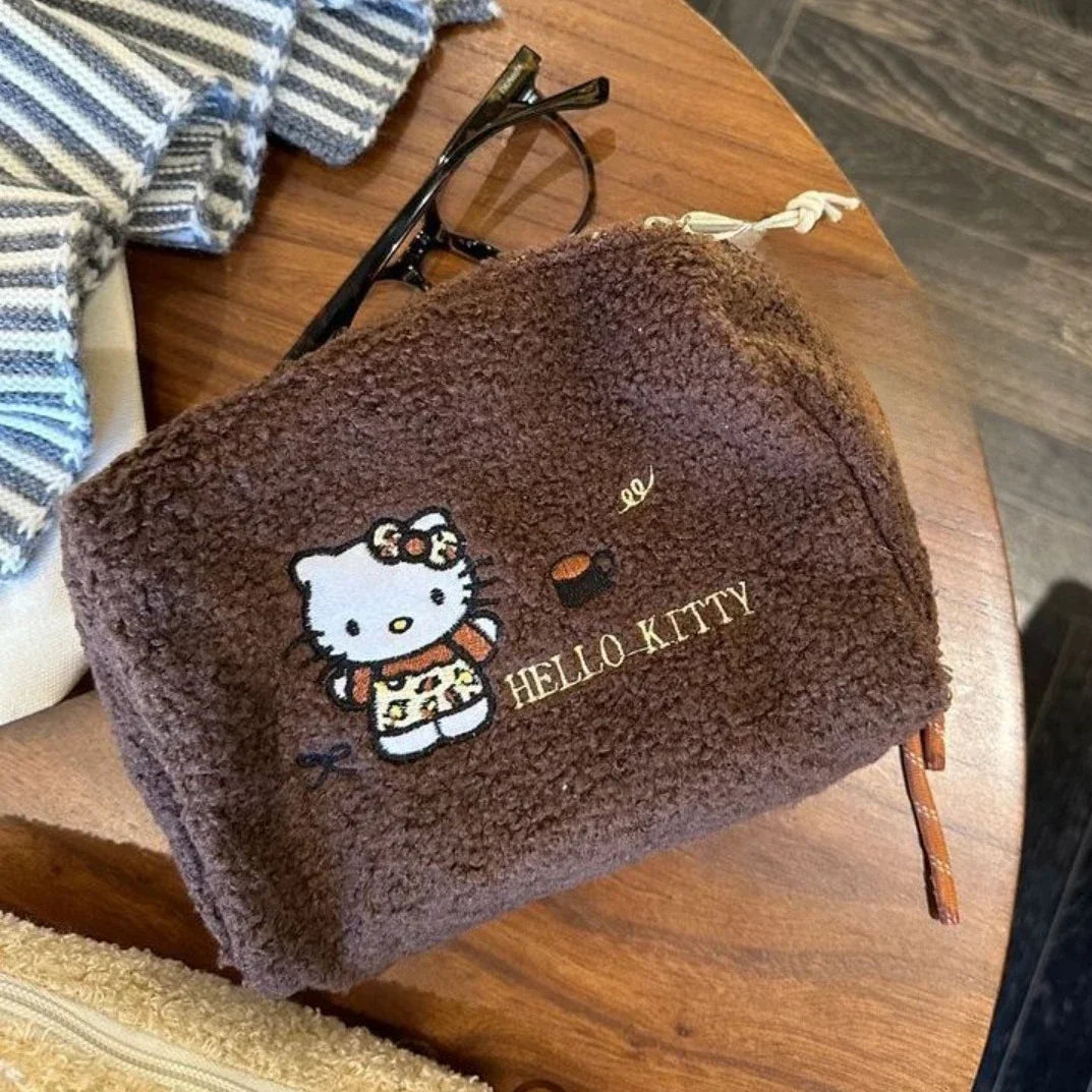 Hello Kitty Plush Coin Purse Miniso Earphone Bag New Cartoon Fashion Versatile Embroidered Wool Style Lipstick Storage Handbag