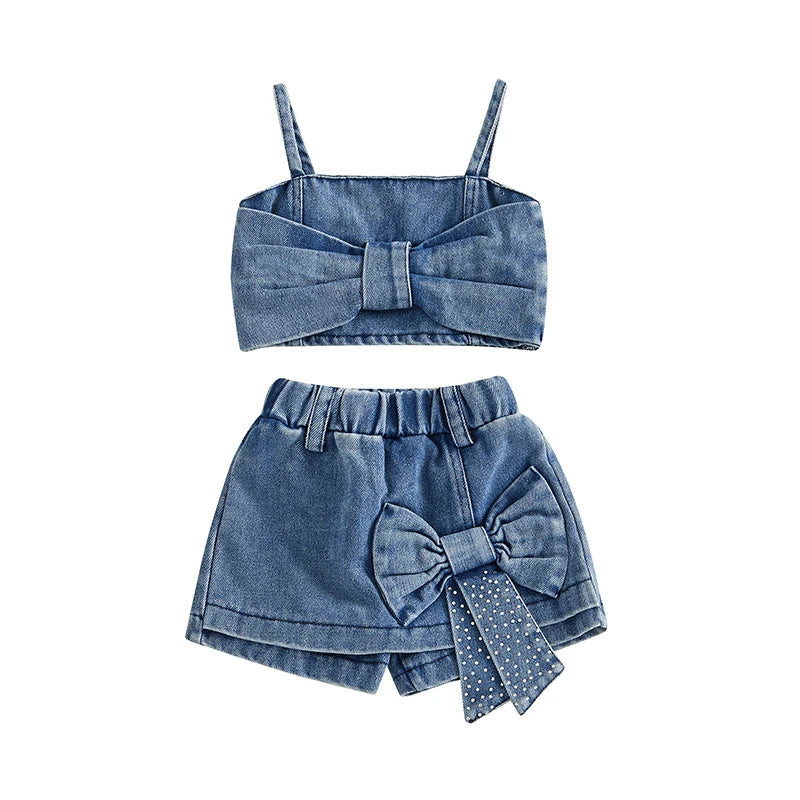 6M-5T Kids Girls 2Pcs Denim Clothes Set Sleeveless Crops Bow Tops Shorts