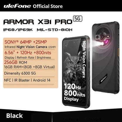 【World Premiere】Ulefone Armor X31 Pro 5G Rugged Phone Android 14 Smartphone 6.56”16GB + 256GB Night Camera 64MP 6050mAh NFC