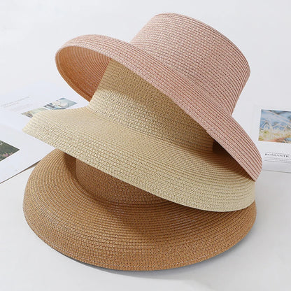 2024 New Summer Sun Hats Ladies Solid Plain Elegant Wide Brim Hat Female Round Top Panama Floppy Straw Beach Hat Women лето