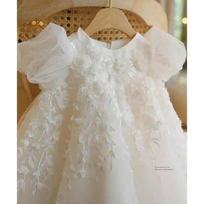 Princess Flower Girl Dress For Wedding White Tulle Applique Puffy With Bow Cute Kids Baby Pageant Birthday Party Dress Ball Gown