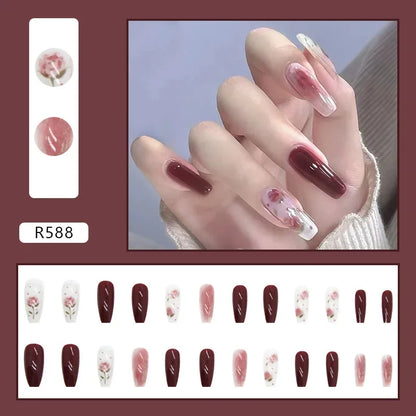 Vintage Camellia Wearable Pink Press on Fake Nails Tips with Glue False Nails Design Butterfly Lovely Girl False Nails