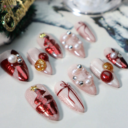 10pcs Handmade Christmas Press On Nails Glitter Orange Pink Fake Nail