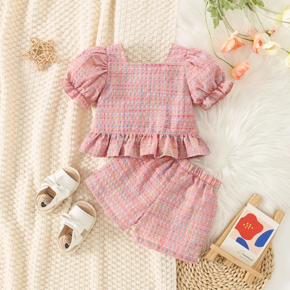 (0-3 Years Old) Summer Baby Girl Cotton Color Plaid Bubble Sleeve Top And Shorts Set Cute Princess Style Two-Piece Set For Girls