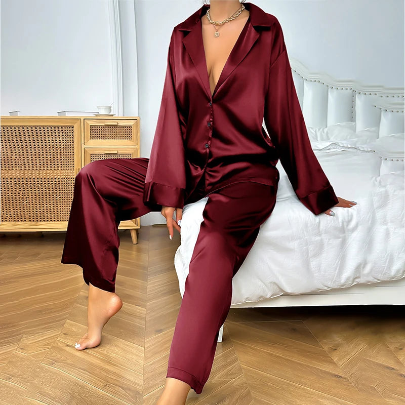 Women's Home Clothes Satin Silk Sleepwear Low Cut Sexy Pajamas For Femme Single-Breasted Long Sleeves Wide Leg Pants Trouser Set