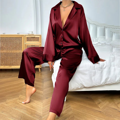 Women's Home Clothes Satin Silk Sleepwear Low Cut Sexy Pajamas For Femme Single-Breasted Long Sleeves Wide Leg Pants Trouser Set