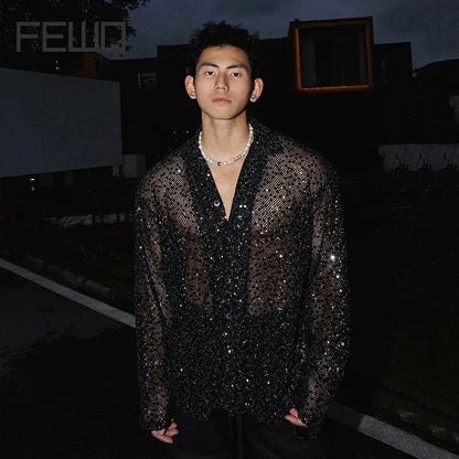 FEWQ American Niche Design Shiny Silver Sequins Hollowed Out Long Sleeved Shirt 2024 Solid Color Male Tops Fashion 24E1715