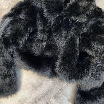 Winter Women Cotton Jacket Lapel Long Sleeve Patch Cross Short Fur Coat Black 2025 New