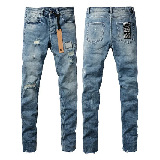 Fall 2024 New KSUBI Jeans American High Street Basics Made Old Patch Stretch Pants Men's Hip Hop Ripped Skinny Low-rise Jeans