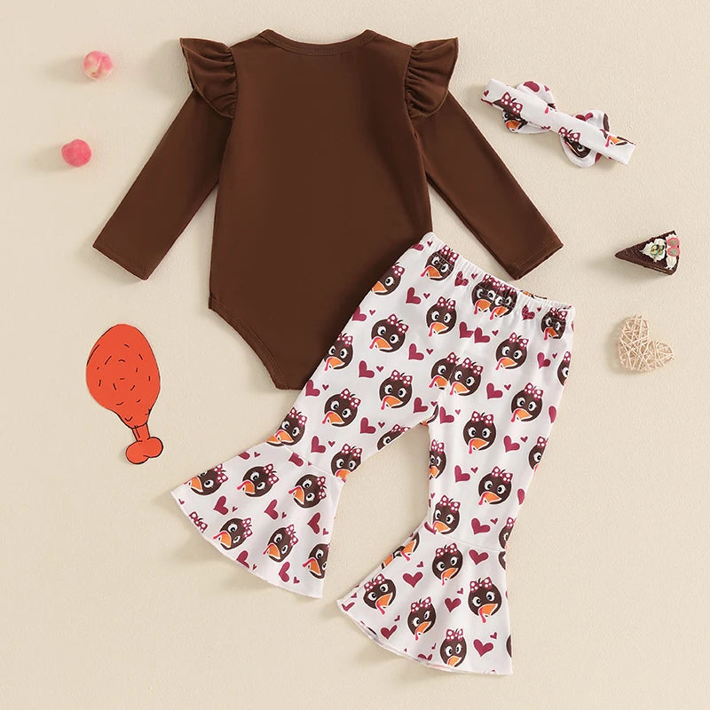 Lioraitiin Baby Girl Thanksgiving Outfit, Turkey Print Long Sleeve Romper Flared Pants Bow Headband 3Pcs Set for Fall